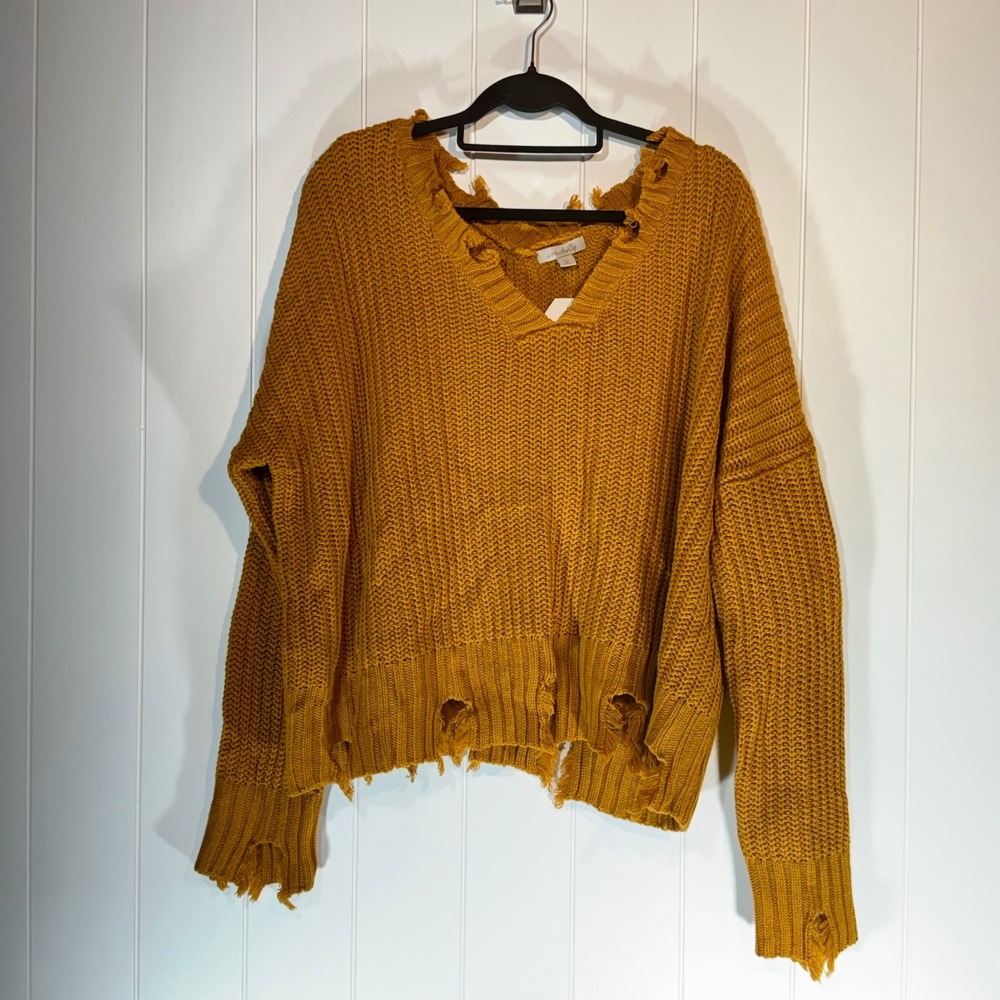 Wonderly Distressed Shaker Stitch V-Neck Sweater Sudan Brown XL BWS001383 NWT